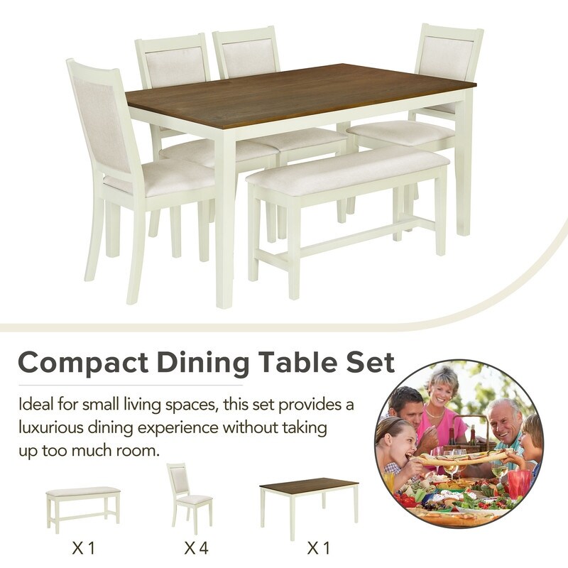 Rustic Solid Wood Dining Table Set Kitchen Table Set with Rectangular Table  4 Upholstered Chairs and Bench