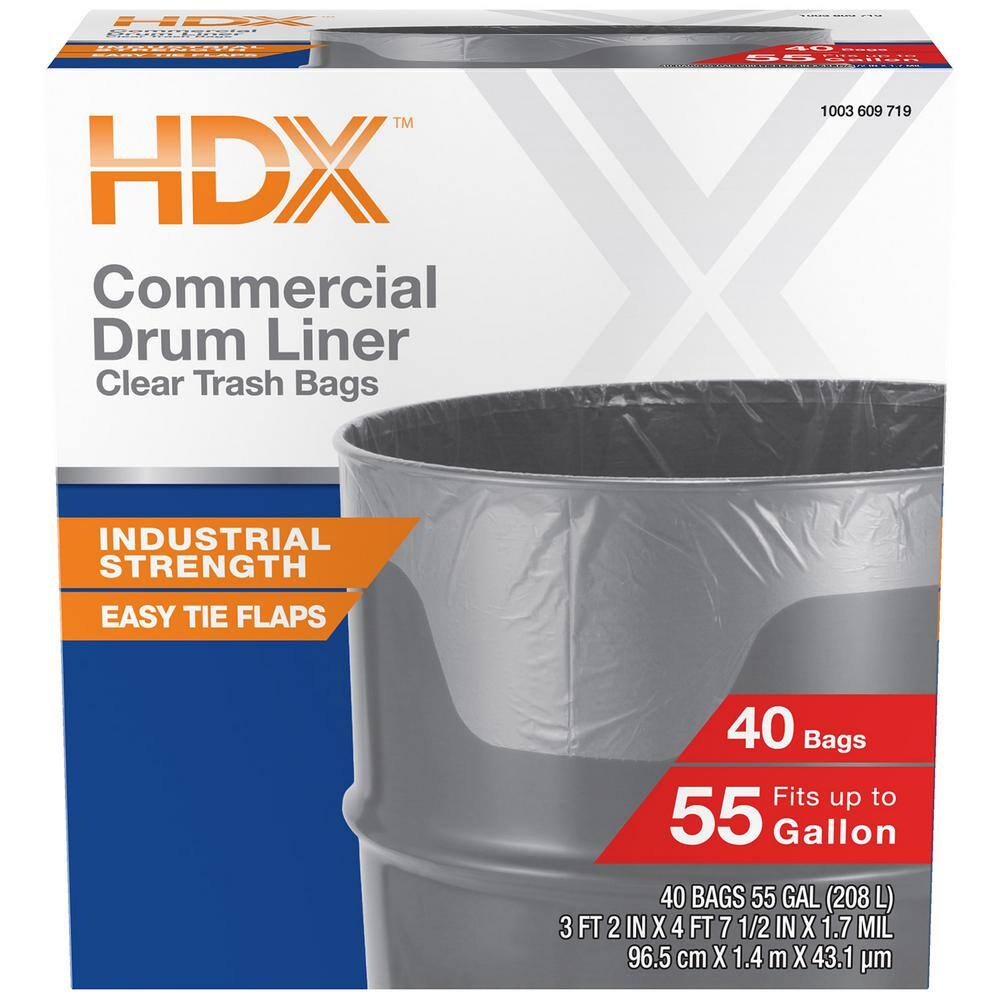 HDX 55 Gal. Clear Heavy-Duty Flap Tie Drum Liner Trash Bags (320-Count) Eight 40-Count Boxes HD55WC040C-8PK