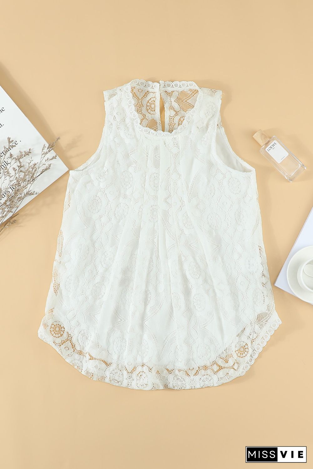 White Lace Hollow Out Sleeveless T-Shirt