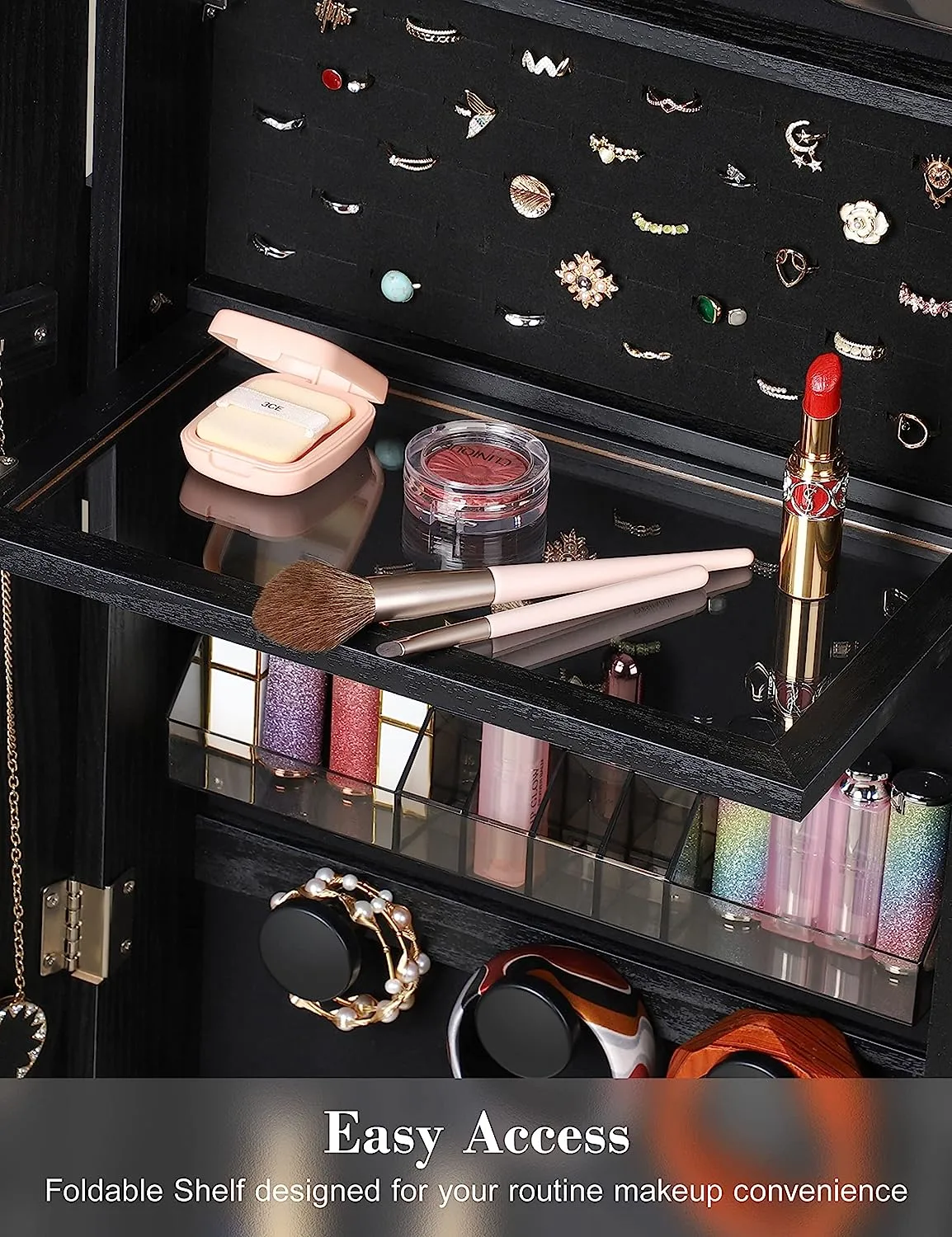 ⭐️360° Swivel Jewelry Cabinet with Lights - 🌟Touch Screen Vanity Mirror 🌟