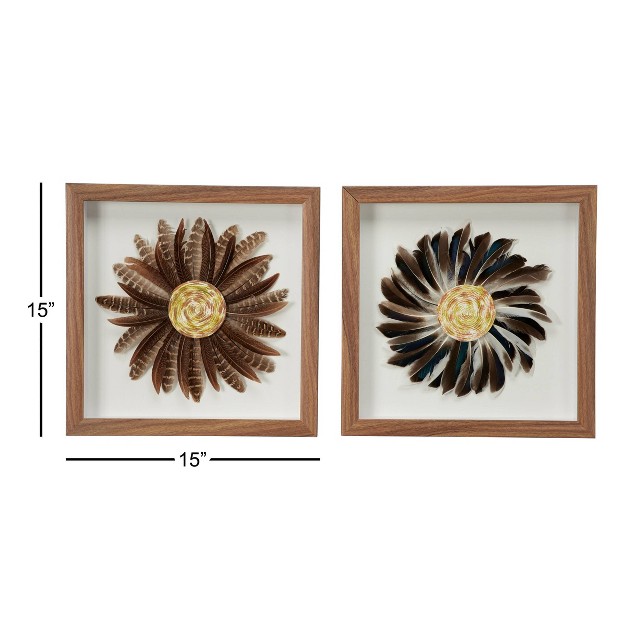 X 15 quot Eclectic Style Feather Shadow Box Wall Decor In Square Wood Frames Brown And Black Olivia amp May