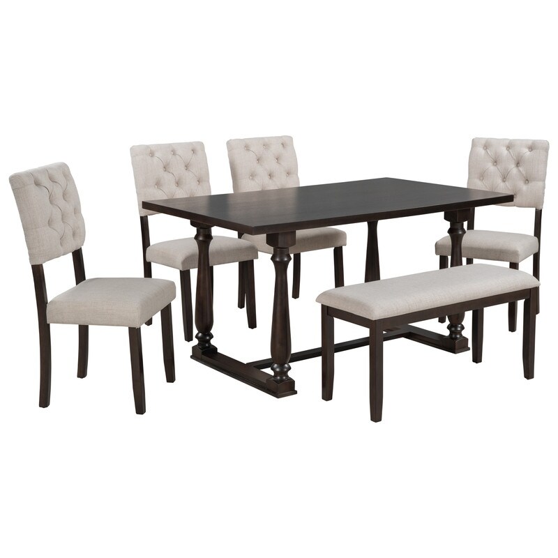 6 Piece Dining Table and Chair Set with Special shaped Legs and Foam covered Seat Backs   Cushions