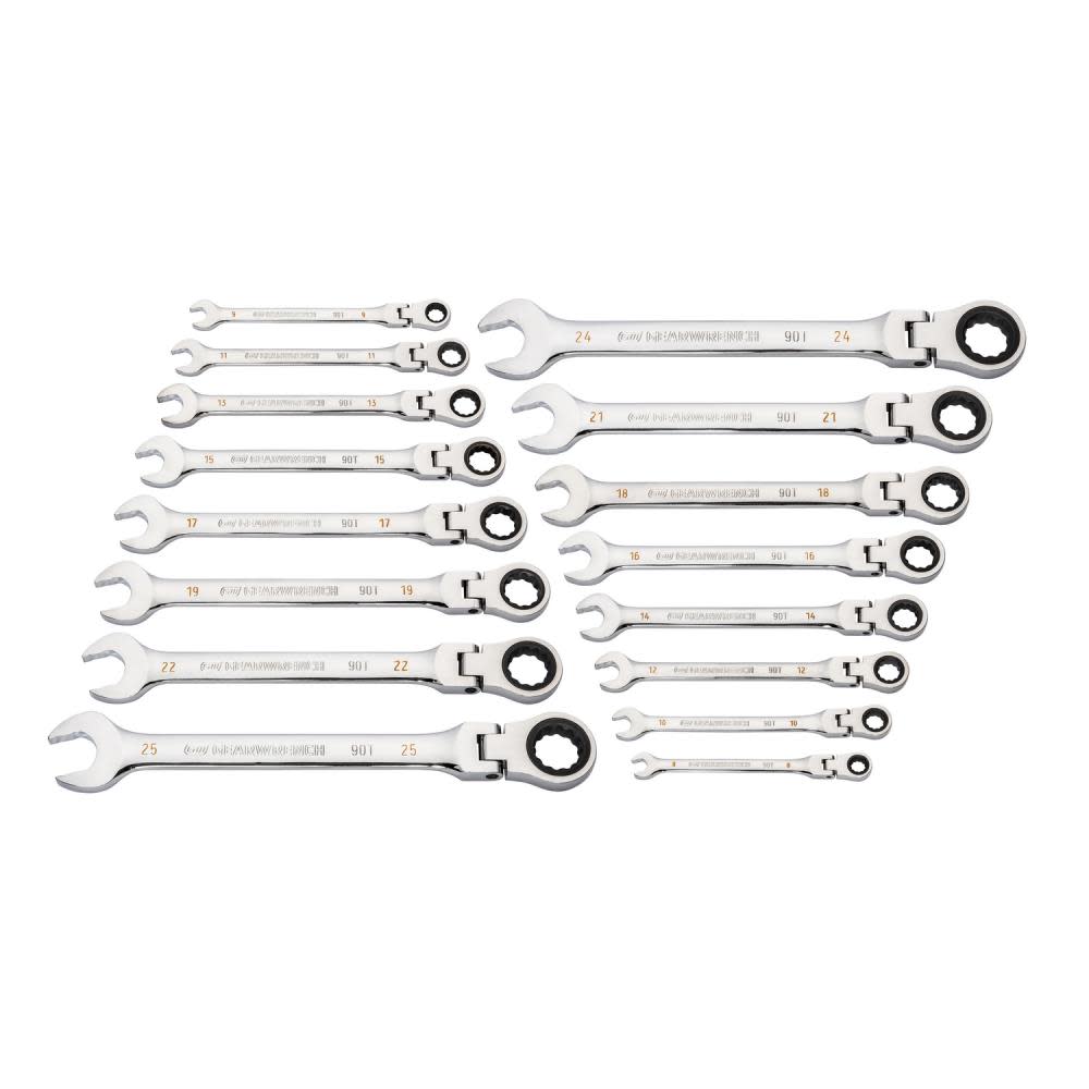 16 Pc 90T 12 Point Flex Head Ratcheting Combination Metric Wrench Set ;