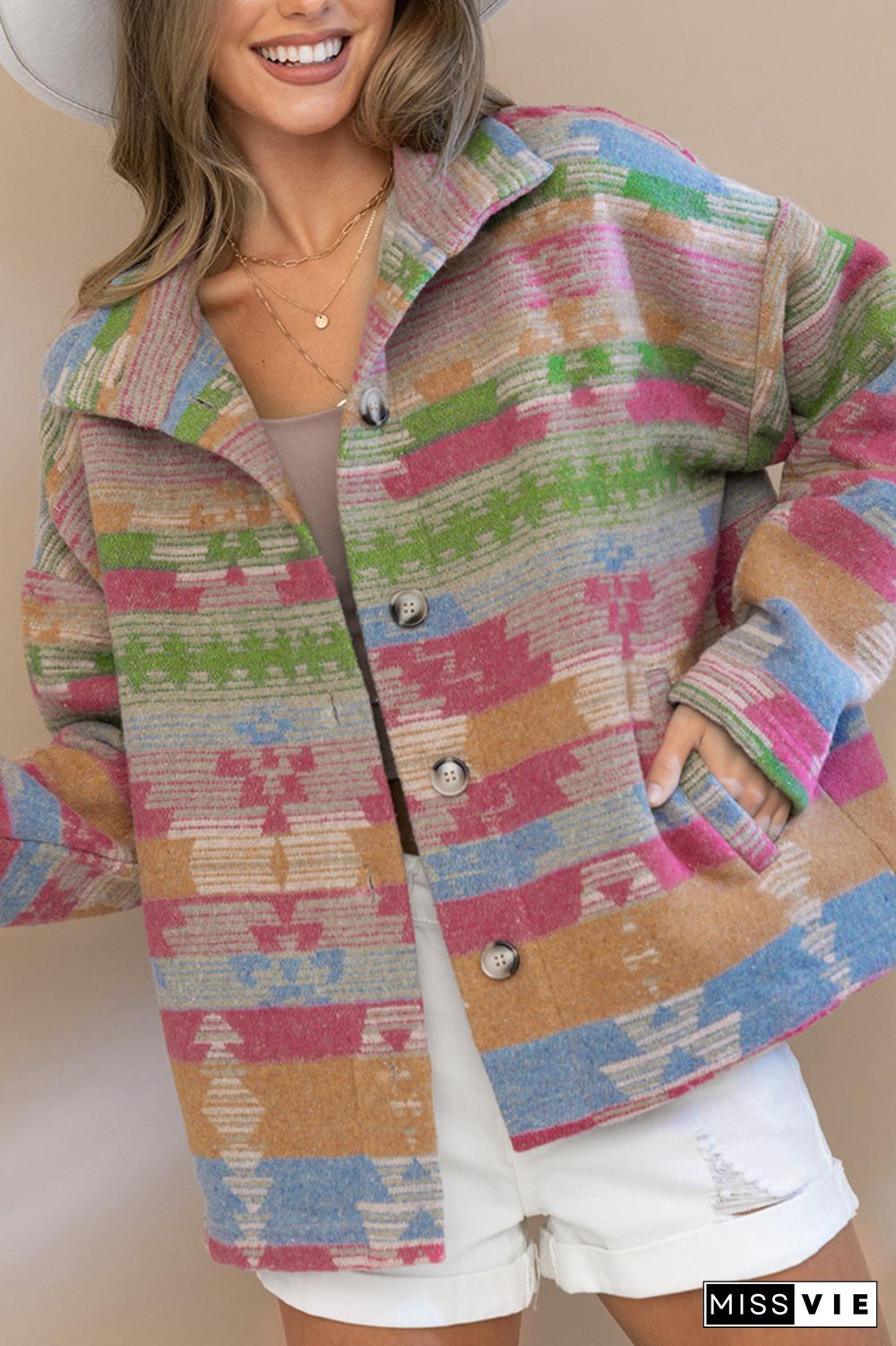 Lapel Button Up Aztec Jacket Coat