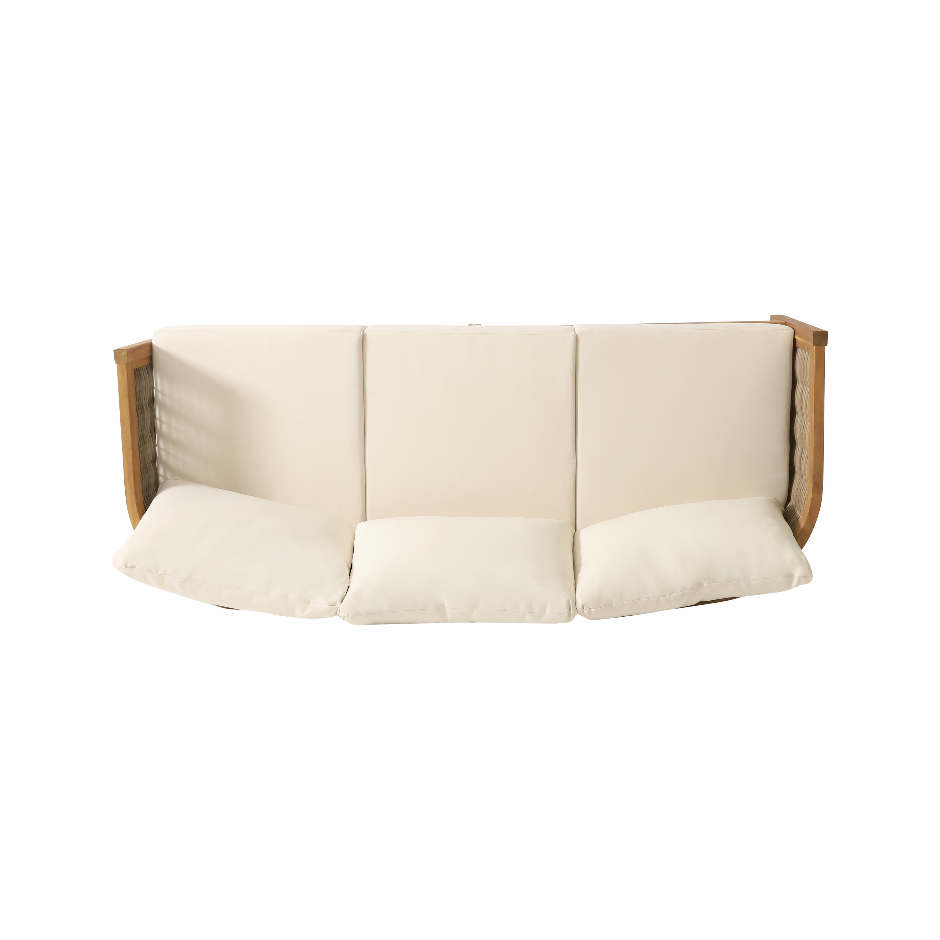 The Crowne Collection Outdoor Acacia Wood and Round Wicker 3 Seater Sofa with Cushions, Teak, Mixed Brown, and Beige