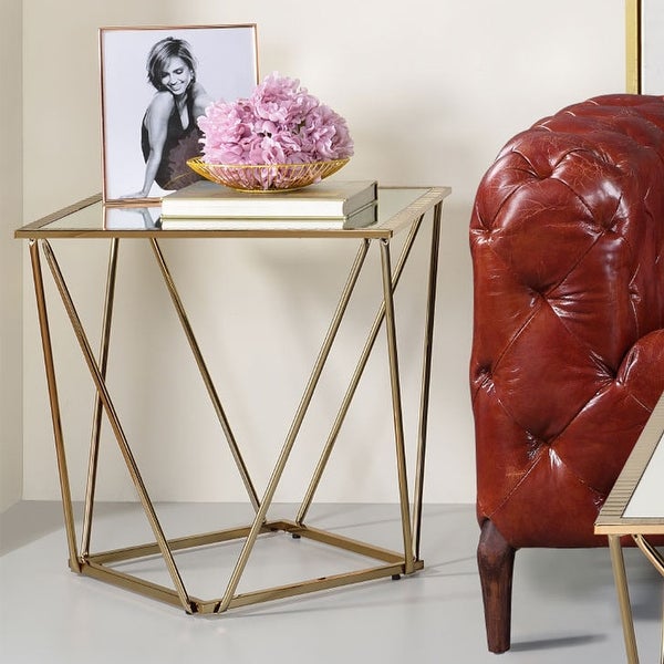 Square Mirrored End Table with Metal Base in Champagne Gold Finish