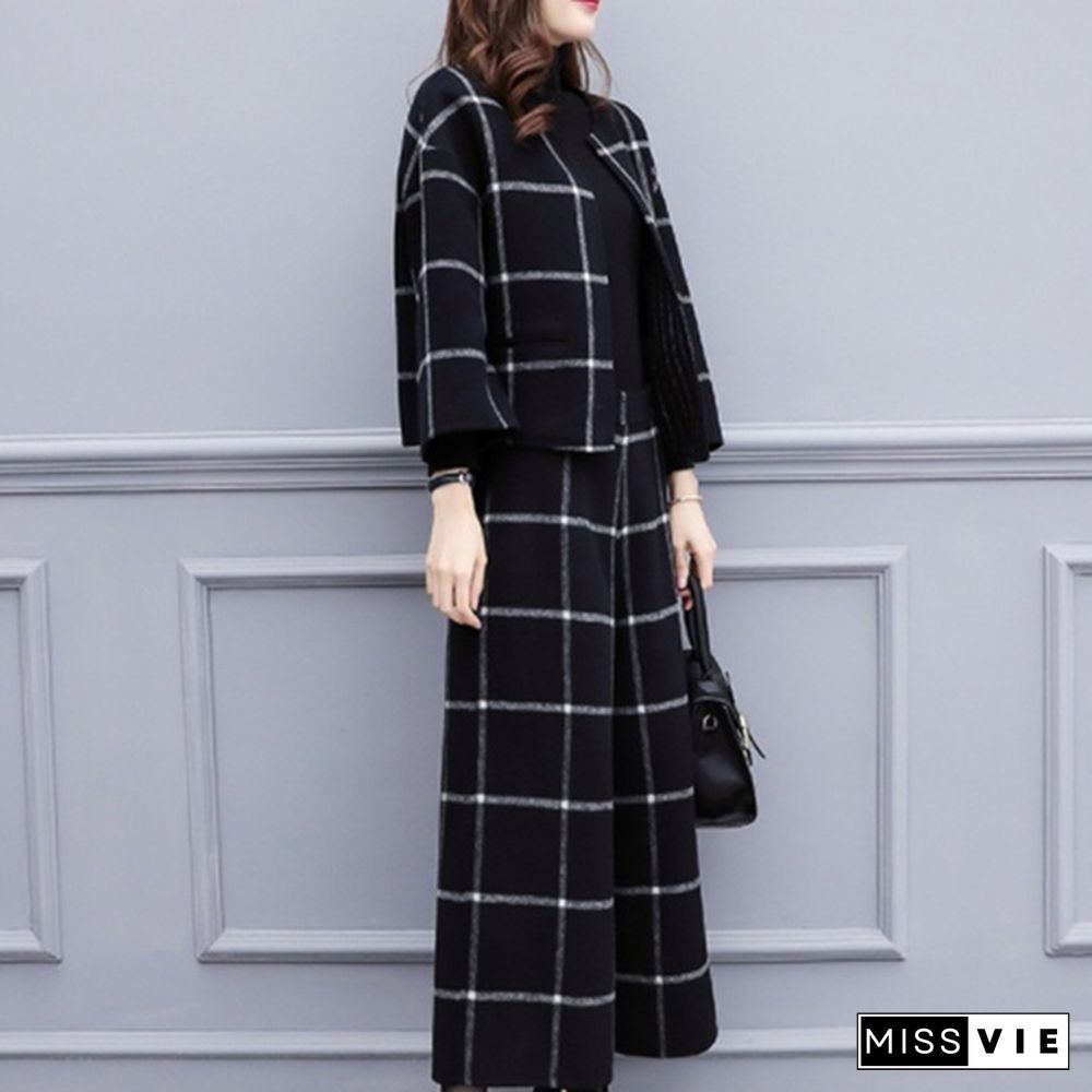 Autumn Winter Black Woolen Plaid Two Piece Sets Outfits Women Short Jacket Coat Wide Leg Pants Suits Elegant Fashion Office Sets