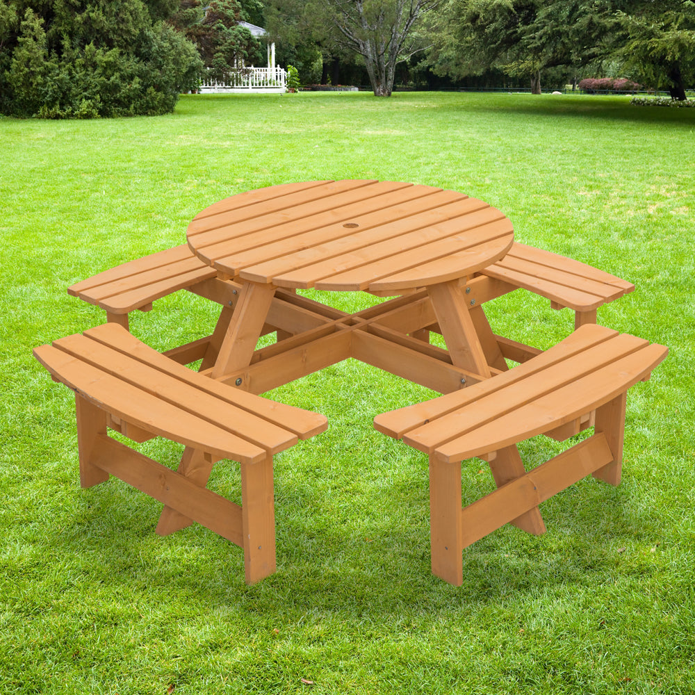 Wooden Outdoor Patio Garden Round Picnic Table with Bench， 8 Person