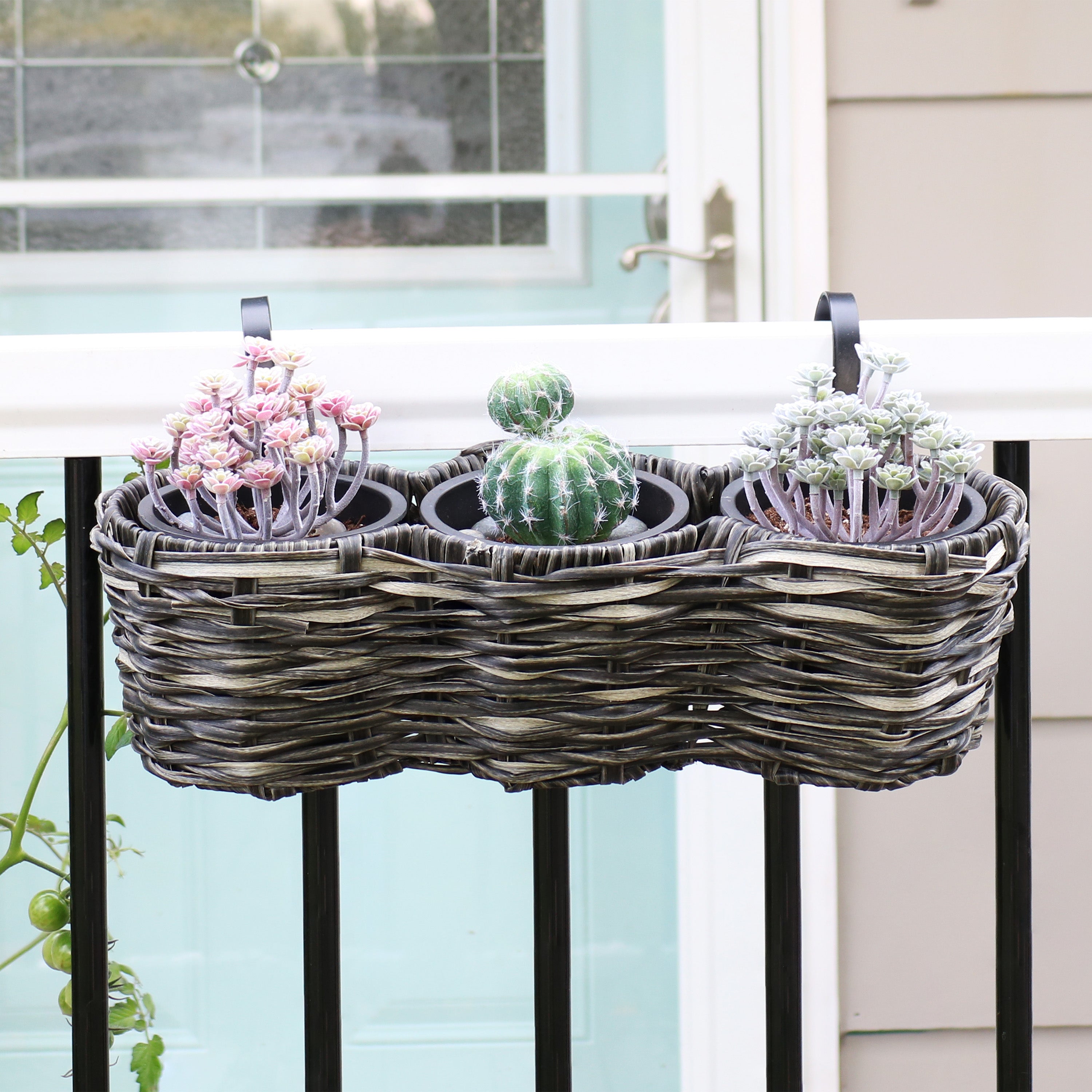 Sunnydaze Indoor/Outdoor Polyrattan Over-the-Rail Tri-Planter with 3 Round Black Plastic Liners - Charcoal