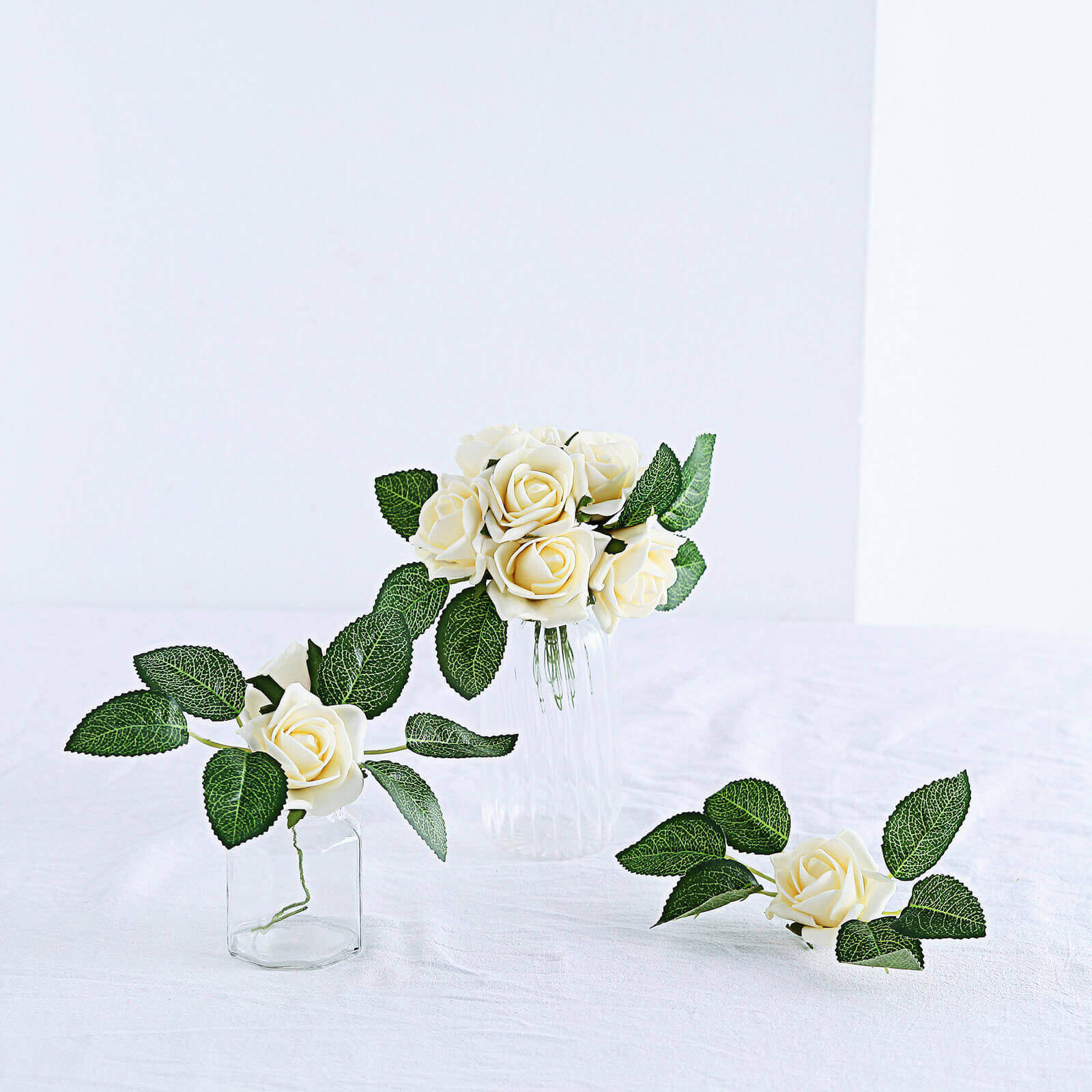 24 Roses Cream Artificial Foam Flowers With Stem Wire and Leaves 2