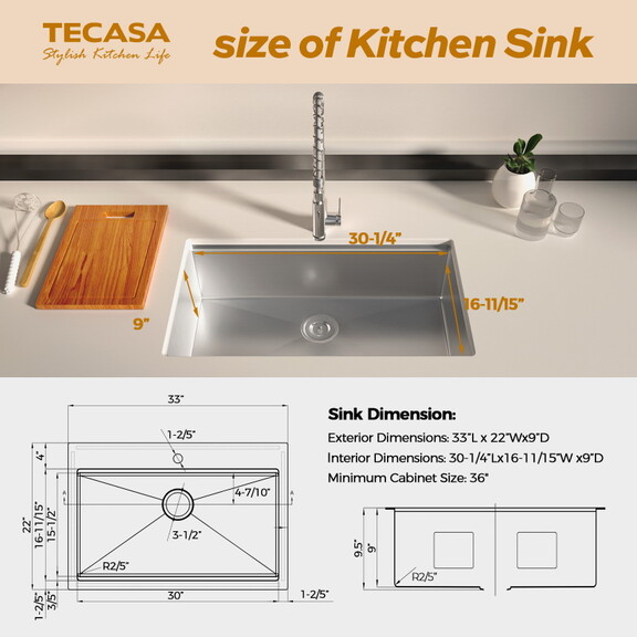 TECASA Workstation Kitchen Undermount Sink   33 in...