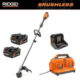 RIDGID 18V Brushless 14 in. String Trimmer Kit with 4.0Ah Battery Charger 6-Port Charger  6.0Ah MAX Output Battery (2-Pack) R01201KVNM-AC86096-AC840060PN