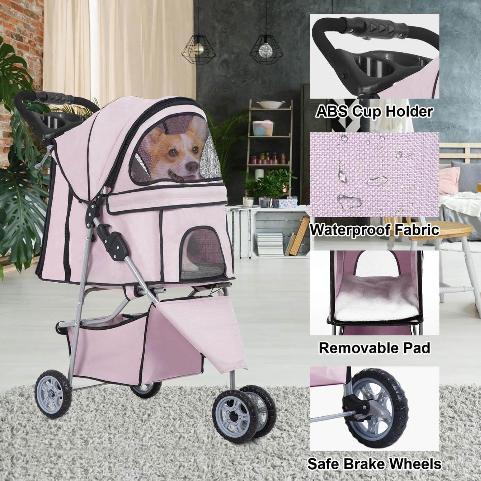 NiamVelo 3 Wheels Pet Stroller Foldable Dog Stroller with Cup HolderandStorage Basket Puppy Stroller for Small and Medium Pets，Light Pink