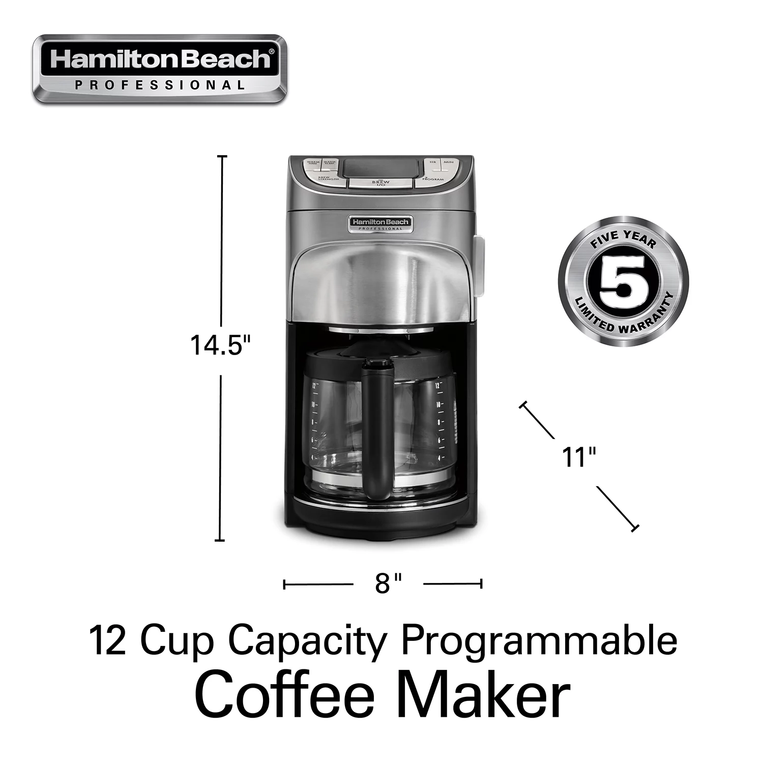 Hamilton Beach Professional Programmable Drip Coffee Maker， 12 Cup Capacity Ergonomic Carafe， 60oz Removable Reservoir， Brushed Metal (49500)