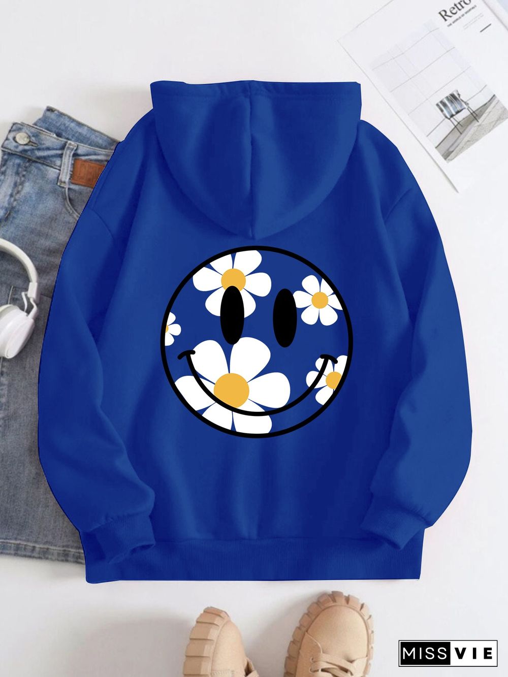 Printed on the Back Kangaroo Pocket Hoodie Long Sleeve for Women Pattern Smiley face and flowers