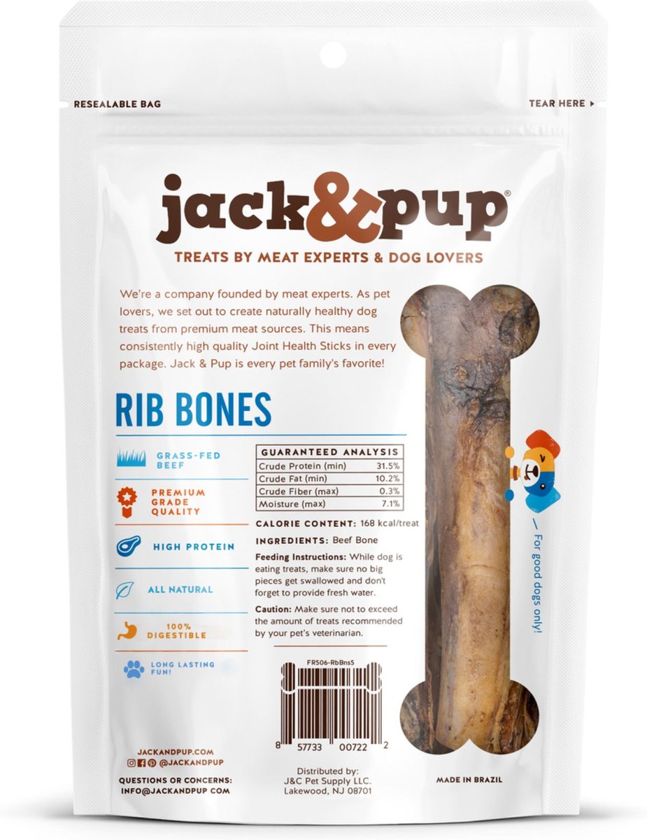 Jack and Pup Beef Rib Bone 6-in Dog Treats， 5 count