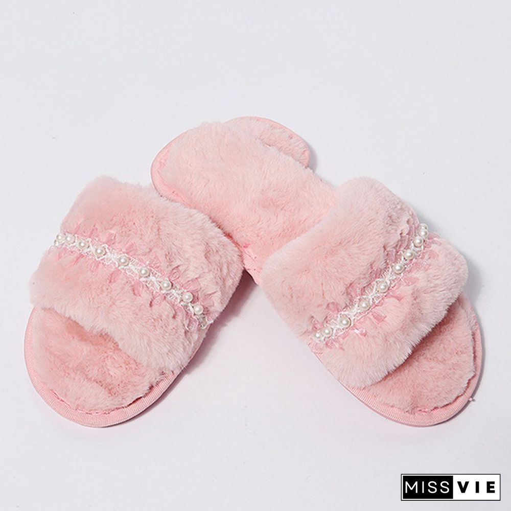 Autumn And Winter Home Furry Pearl Chain Slippers Fashion Flat Women's Cotton Slippers Open-Toe