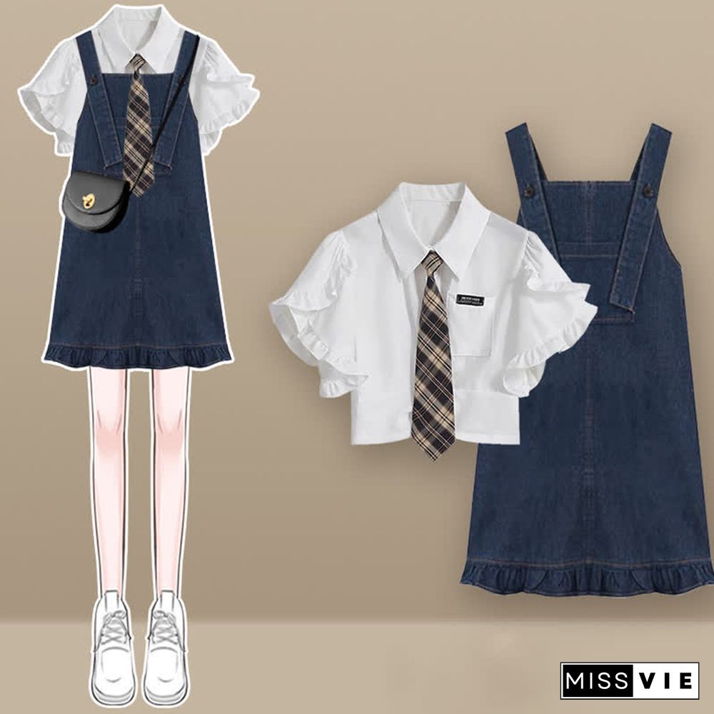 Pocket Lapel Tie T-Shirt Denim Overall Dress Two Pieces Set