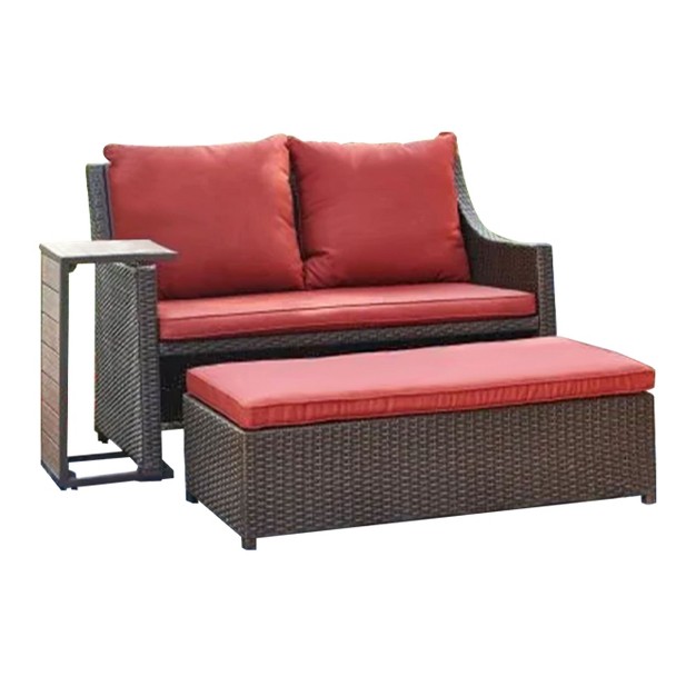 Four Seasons Courtyard x27 s Redington All weather Chic 3 piece Patio Seating Furniture Set With Loveseat Cushions Table And Ottoman Red