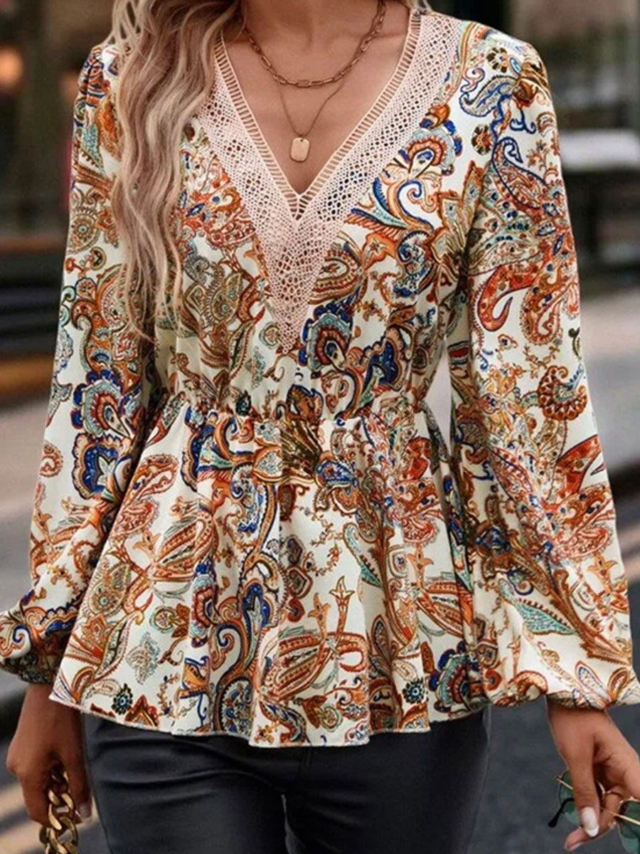 V-neck Casual Loose Vintage Print Long Sleeve Blouse