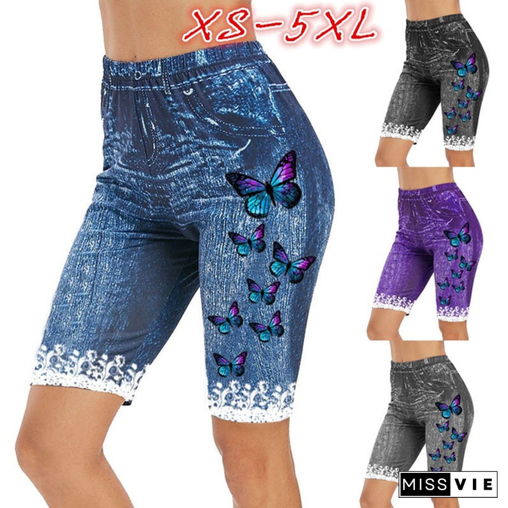 Plus Size Butterfly 3D Print Capri High Waisted Jeggings Faux Denim Legging Shorts For Women