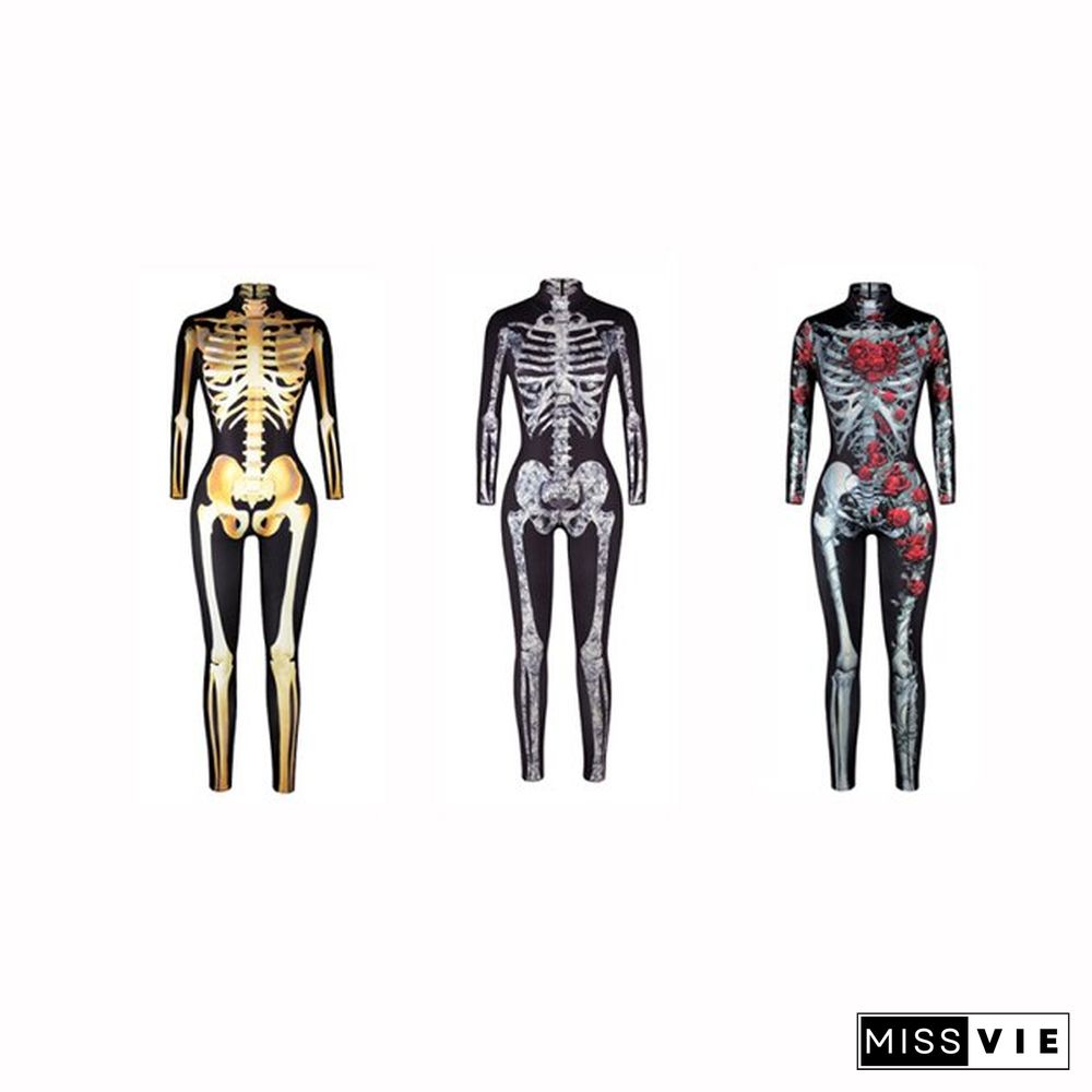 Halloween Adult Cosplay Bodysuit Scary Skeleton Costum Carnival Party Skull Print Long Sleeve Jumpsuit Slim Casual Pants