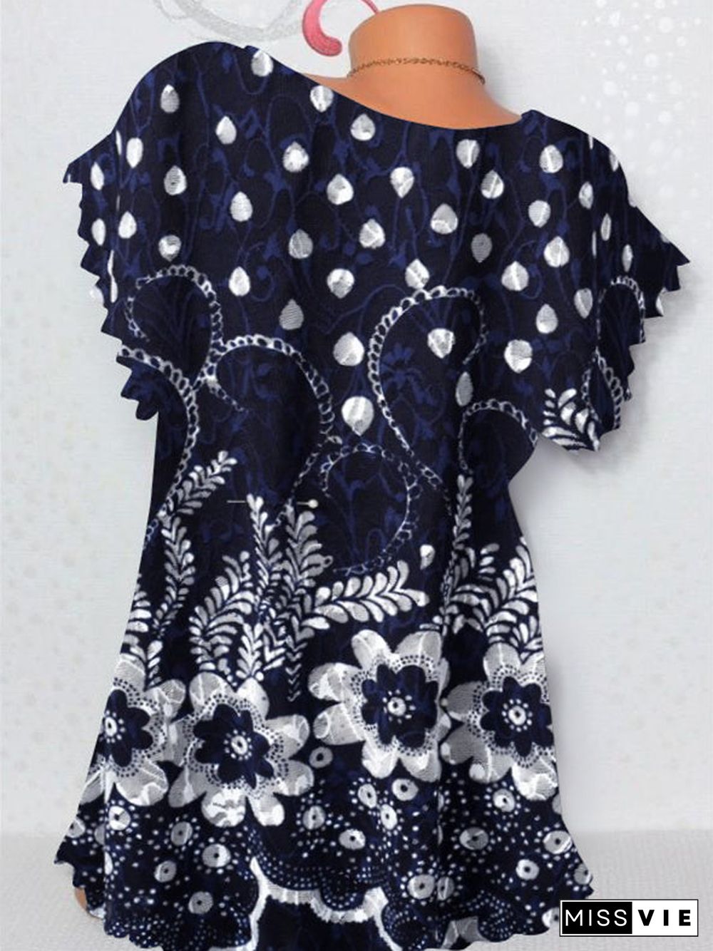 Women Short Sleeve Round Neck T-shirt Floral Water Drop Printed Top