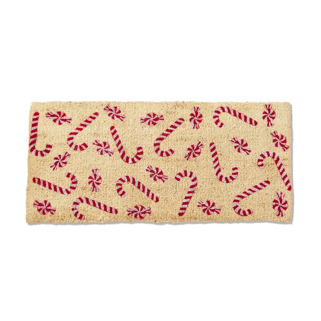 Red Peppermint Candy Cane Print Rectangle Indoor And Outdoor Coir Door Welcome Mat Red White On Beige Background