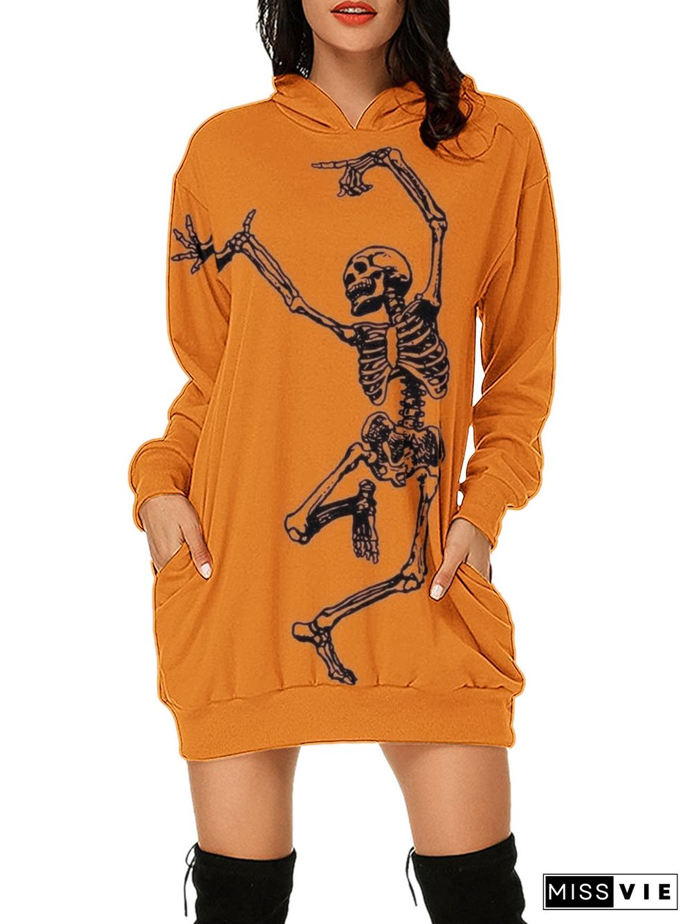 Women's  Halloween Graphic Printed V-Neck Hooded Long Sleeve Maxi Dress