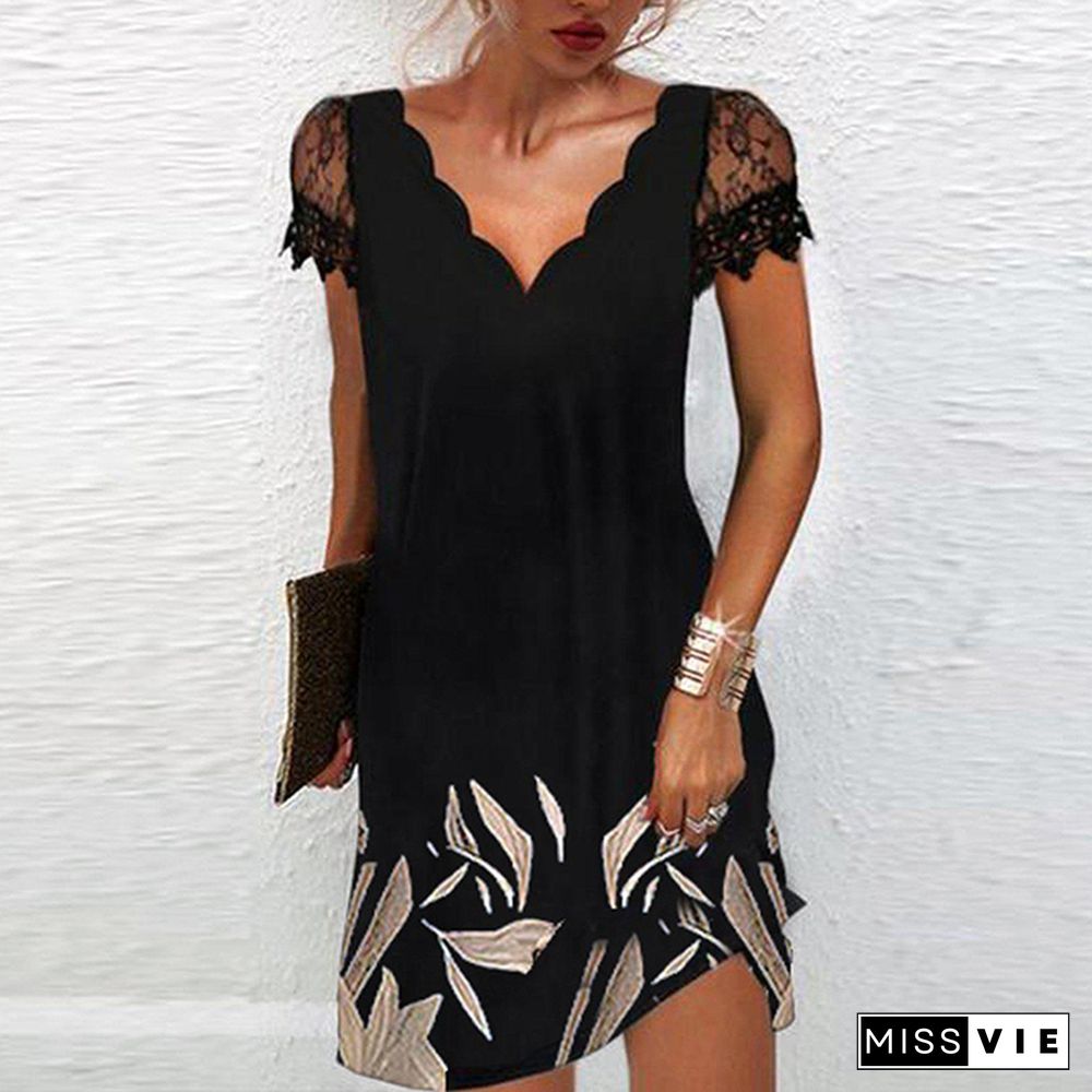 Elegant DressesFor Women V Neck Lace Sleeves Short Dress Women Spring Summer Sexy Ladies Short Sleeve Black Party Dress