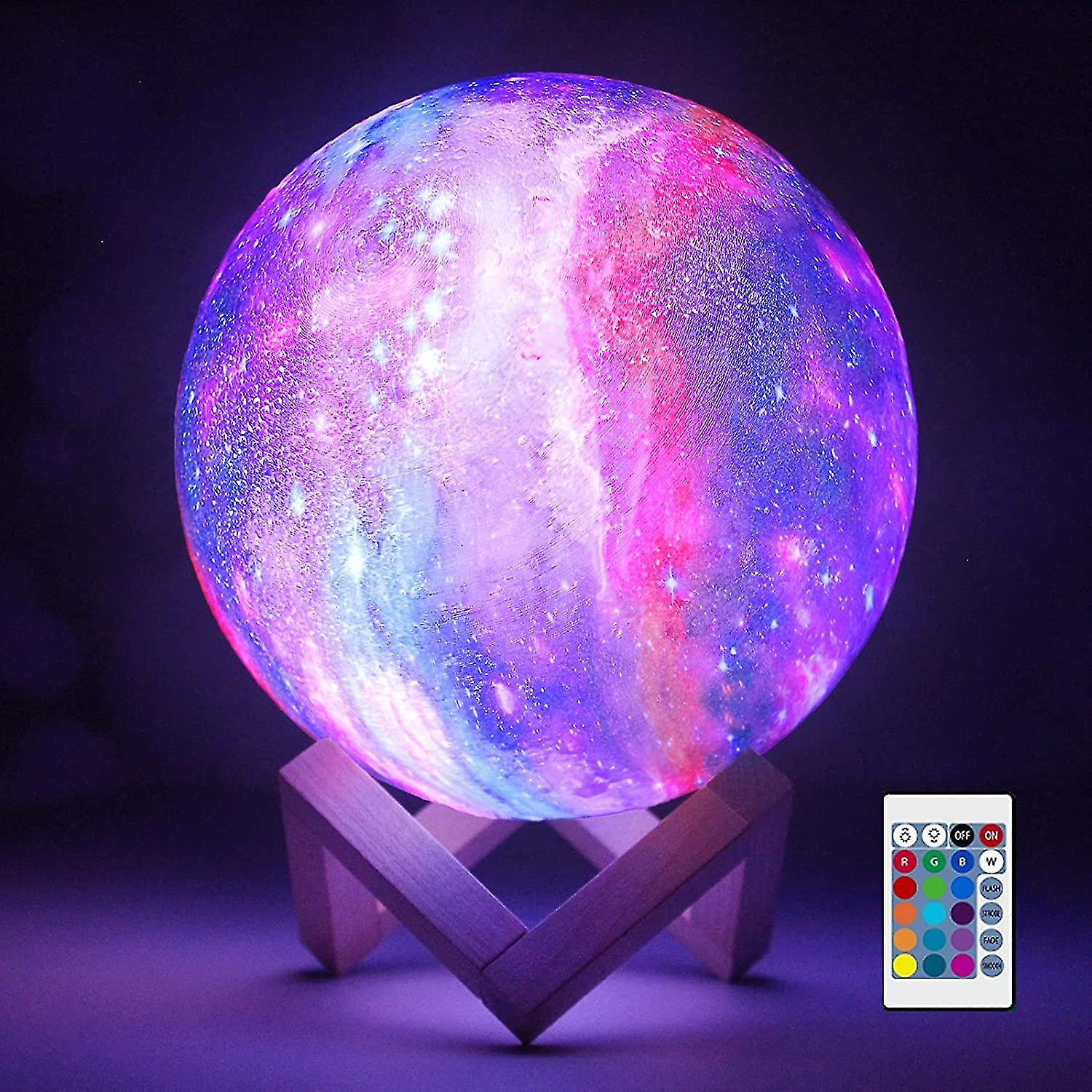 3d Galaxy Moon Lamp Lighting - Cool Kids Galaxy Moon Night Light With 16 Led Colors， Touch Remote Control， Wooden Stand - Unique Gift For 3 4 5 6 7