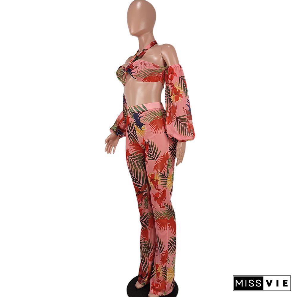 Mesh Sheer Print Halter Crop Top and Pants Set