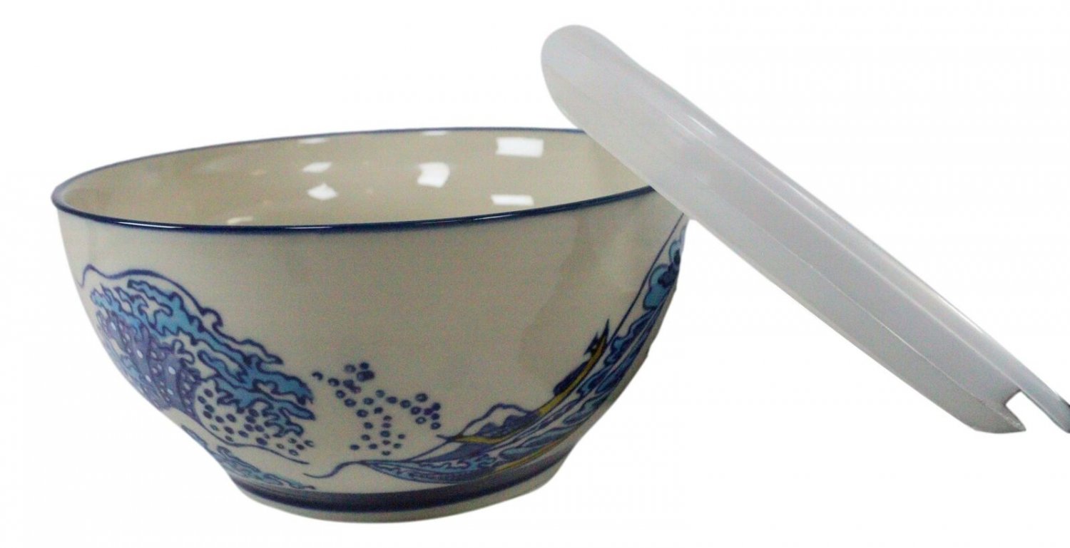 1 Set of 2 Ceramic Blue Hokusai Great Wave Portion Meal Bowls 5 Cups W/ Lid EBR02