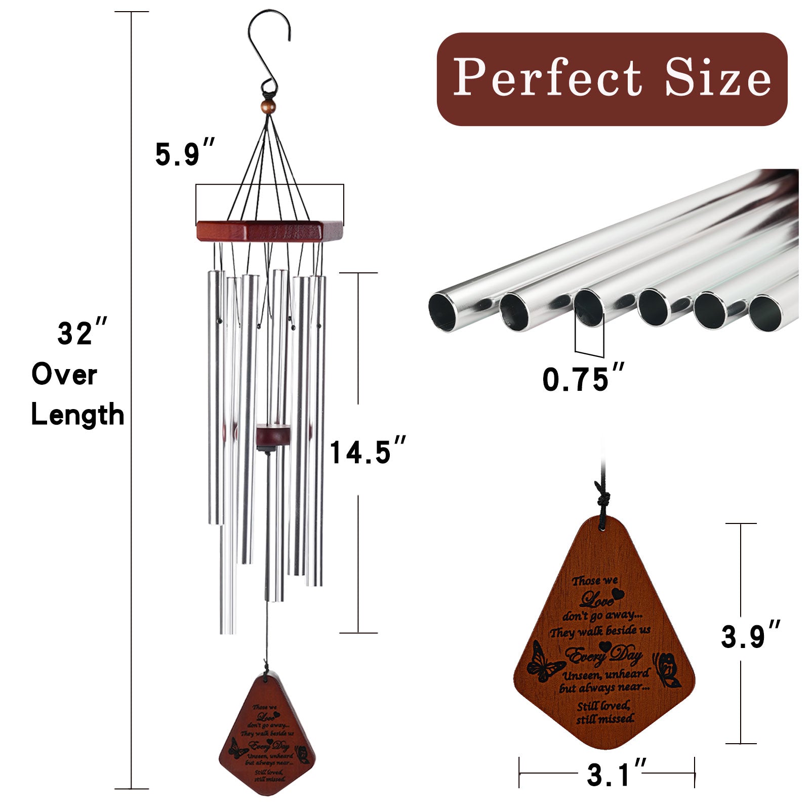 ZOMWOOA Memorial Wind Chimes Outdoor， 32 Inch Large Sympathy Wind Chimes for Loss of a Loved One， Bereavement/Memorial Gift/Sympathy Gift in Memory of Loved One Condolence Remembrance（Silver）