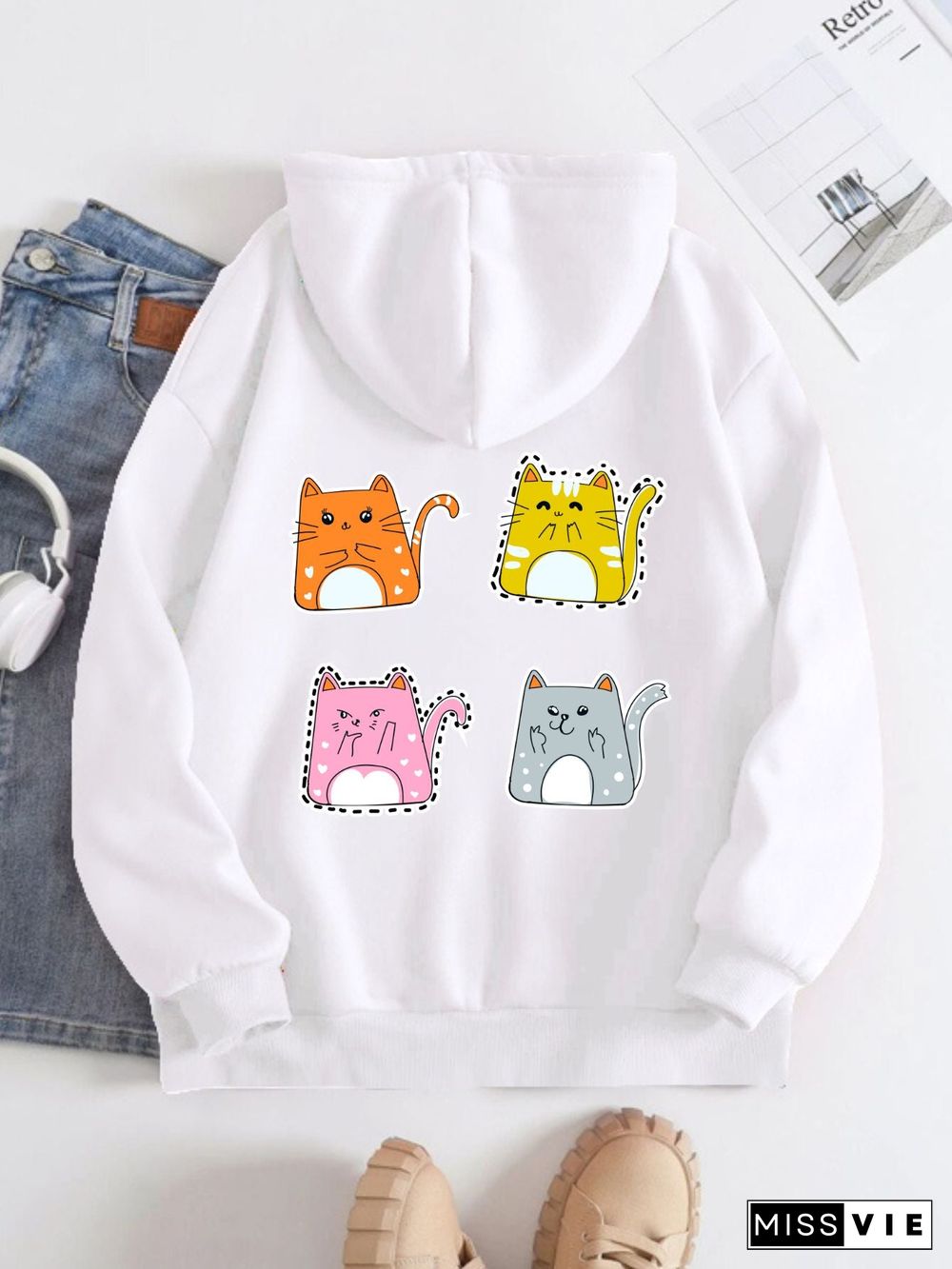 Printed on the Back Kangaroo Pocket Hoodie Long Sleeve for Women Pattern  Cartoon Cats