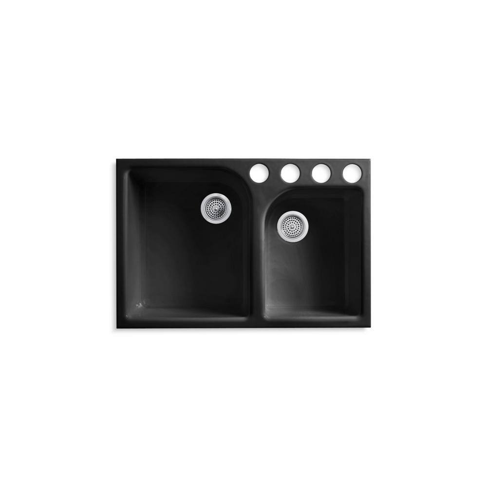 KOHLER Executive Chef Undermount Cast Iron 33 in. 4-Hole Double Basin Kitchen Sink in Black K-5931-4U-7