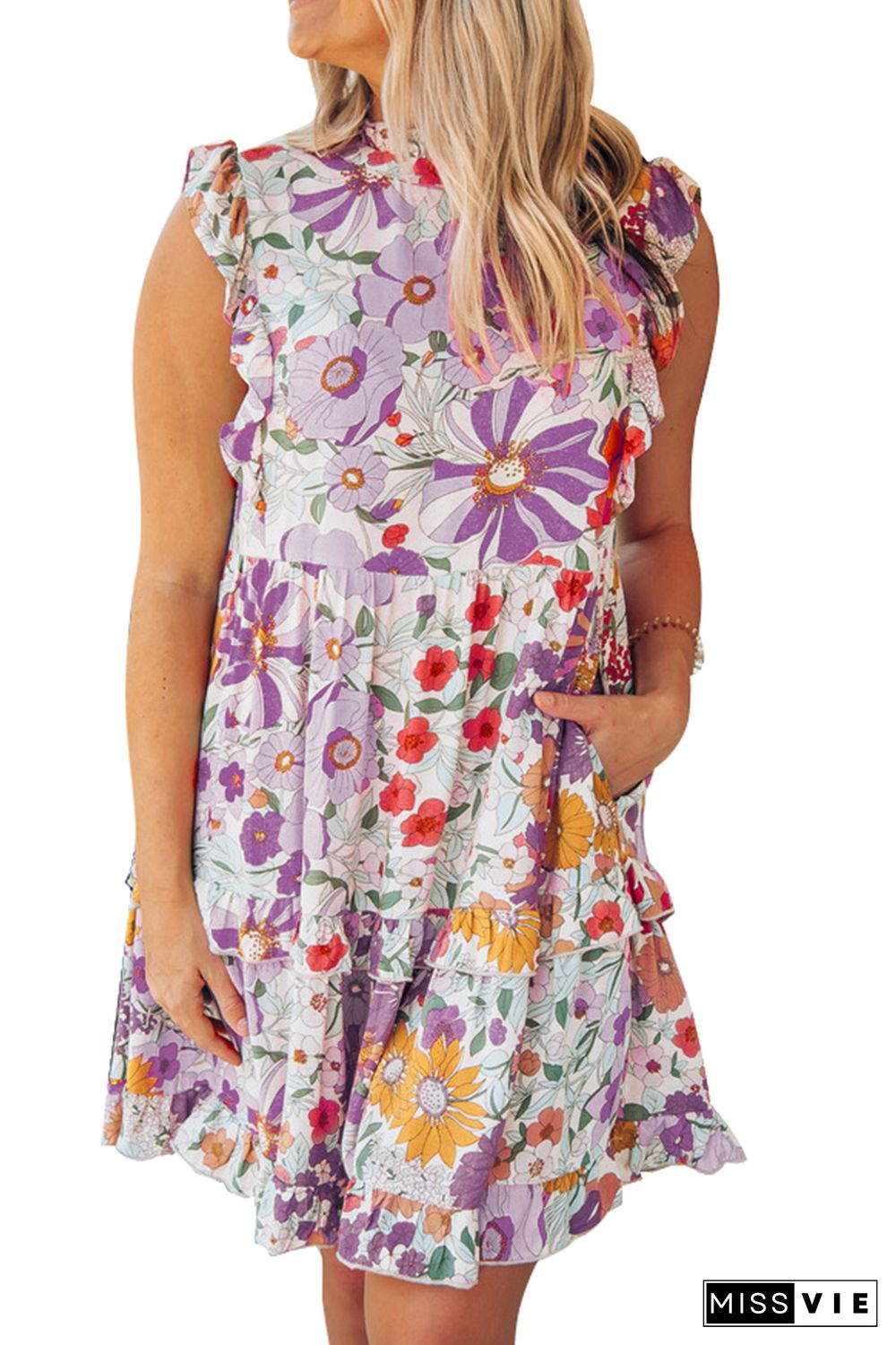 Purple White Ruffled Tank Floral Dress