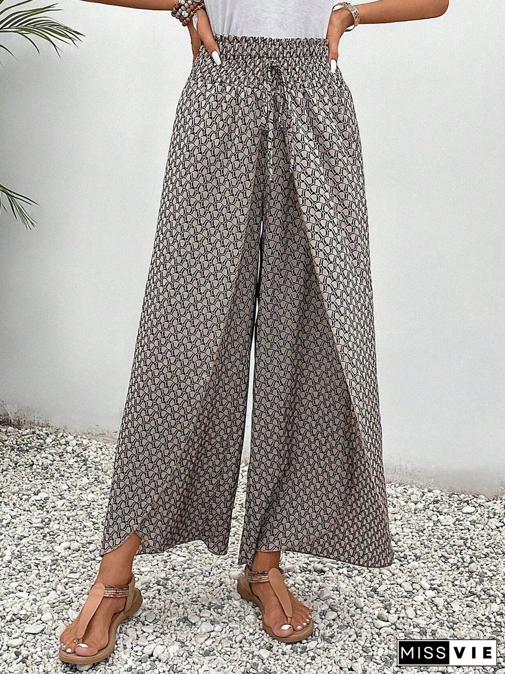 Brown Print Elastic Drawstring Waistband Pants