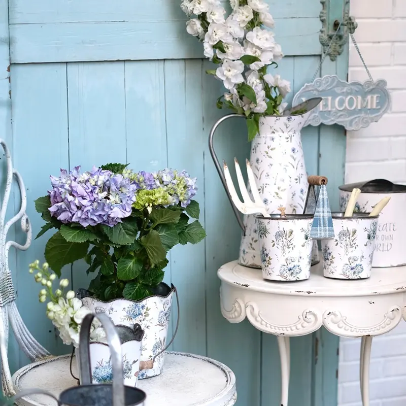 Handmade Shabby Chic hydrangea Print Metal Watering Can with a  Handle