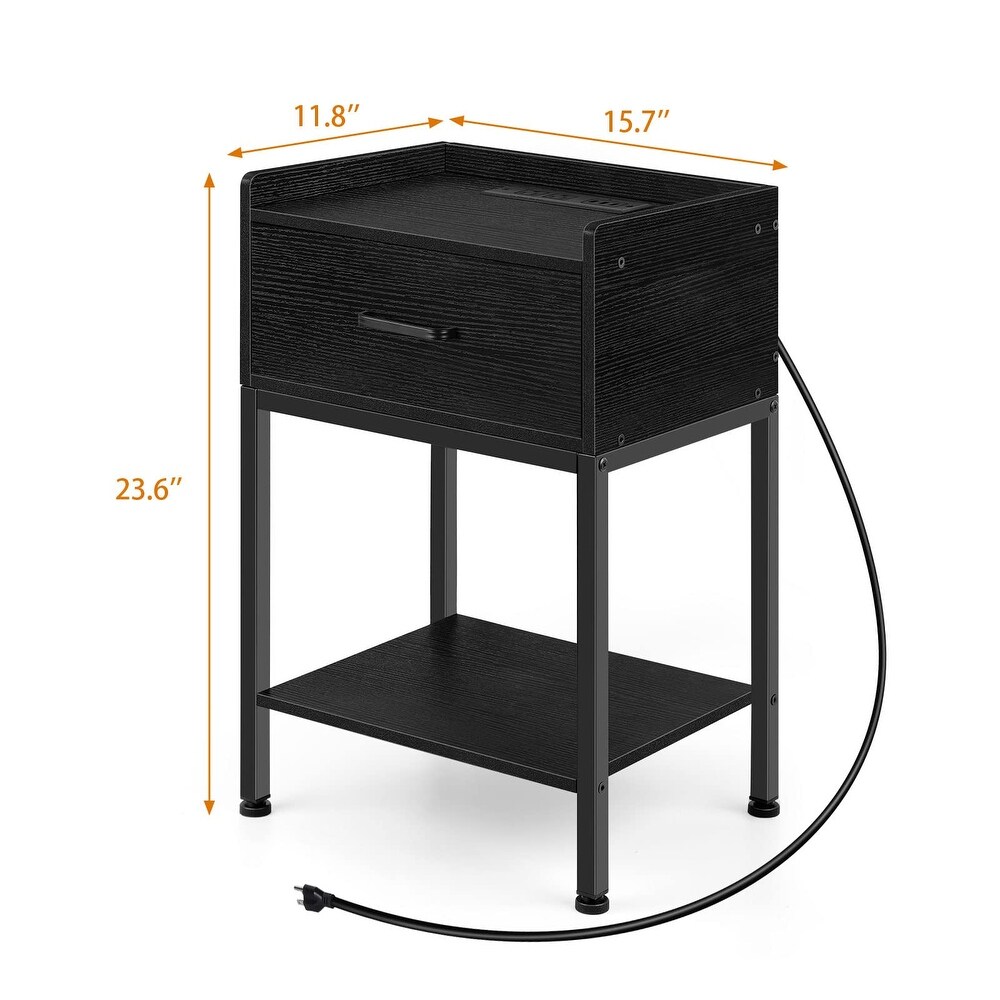 Nightstand with Charging Station and USB Ports  3 Tier Small Bedside Table with Drawer and Storage Shelf Rustic Night Stand