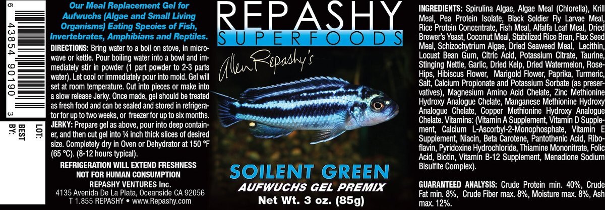 Repashy Superfoods Soilent Green Gel Premix Fish， Amphibian and Reptile Food， 3-oz bottle