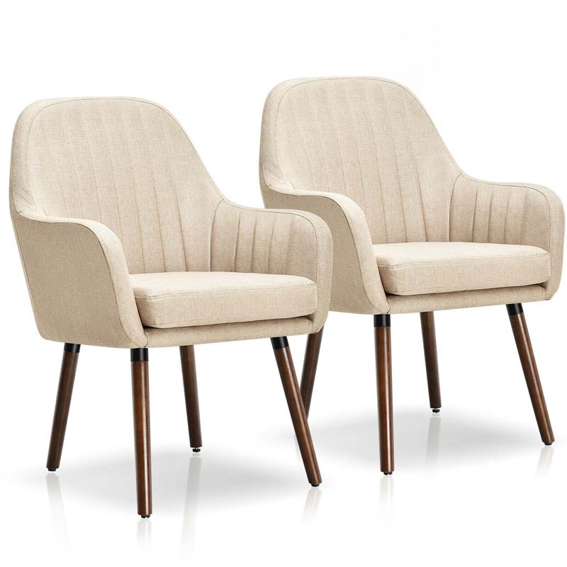 Set of 2 Fabric Dining Chairs, Accent Upholstered Arm Chair with Rubber Wood Legs, Thick Sponge Seat