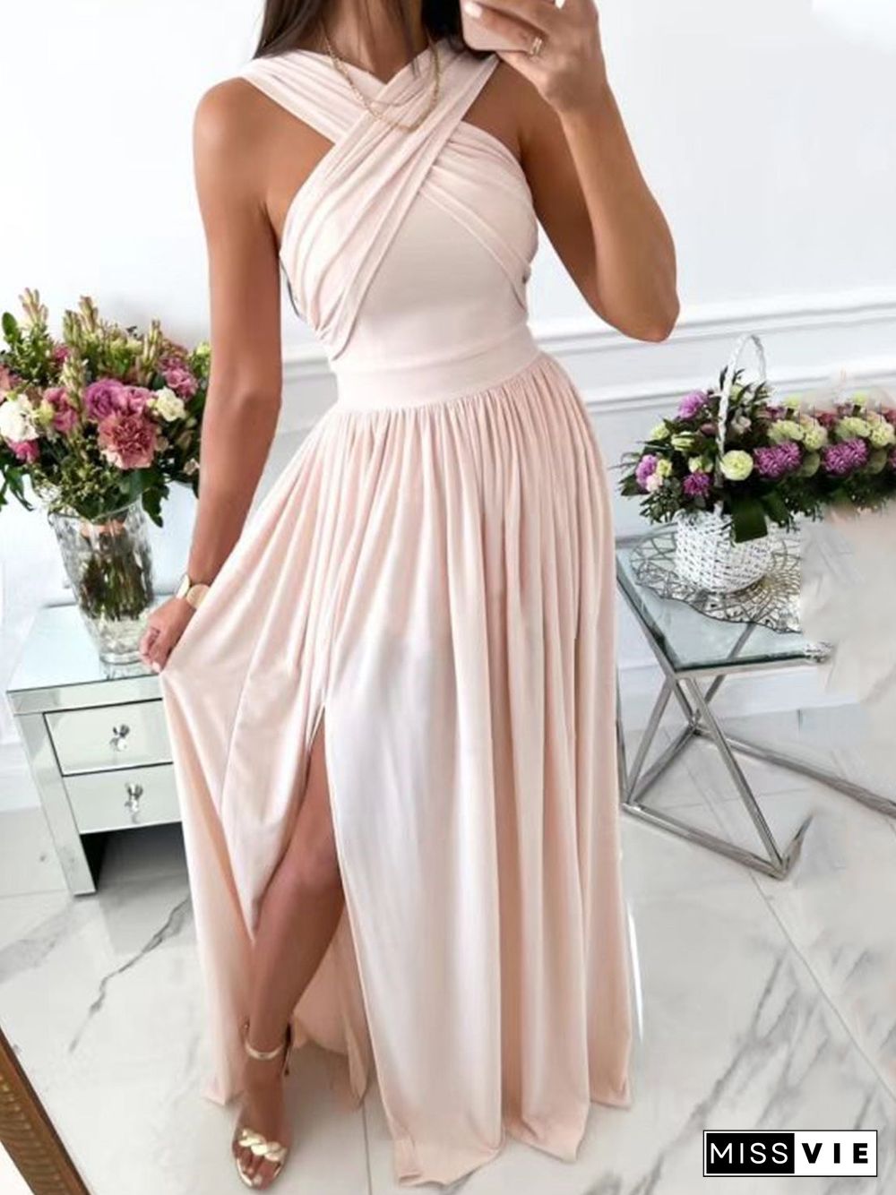 Women'S Dresses Halterneck Open Back Sleeveless Slit Dress