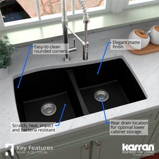 Karran Undermount Quartz Composite 33 in. 5050 Double Bowl Kitchen Sink in Black QU-720-BL