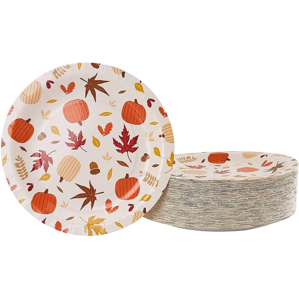 80 Count Disposable Paper Plates  Fall Foliage and Pumpkin Design  9 x 9 Inches