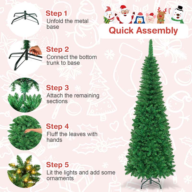 4.5/6.5/7.5FT Pre-Lit Artificial Slim Pencil Christmas Tree with Hinged Branch Tips, LED Lights & Solid Metal Stand