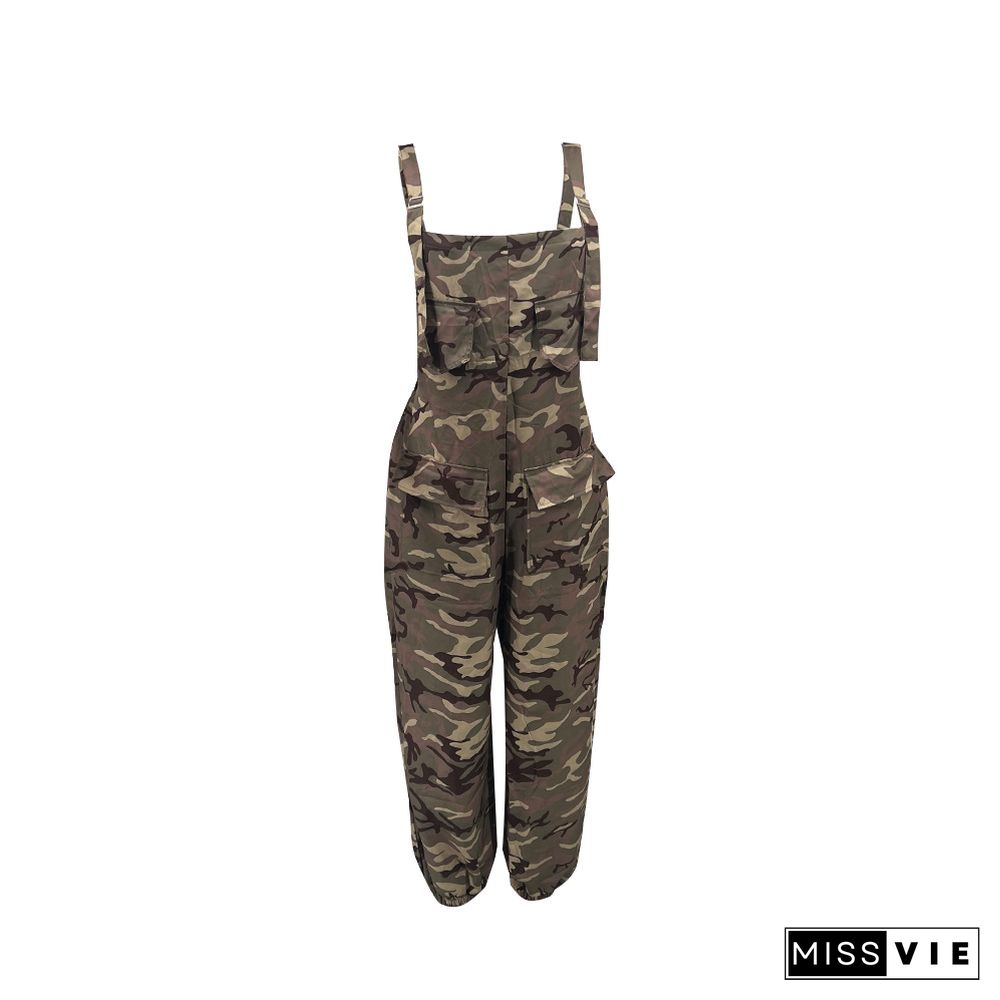 Camo Print Backless Suspenders Cargo Jumpsuits