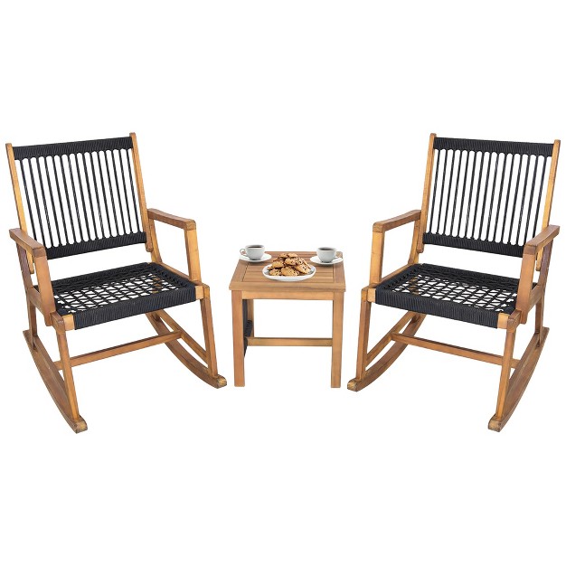 Tangkula 3 Piece Acacia Wood Rocking Chair Set W Coffee Table amp All weather Rope Patio Poolside