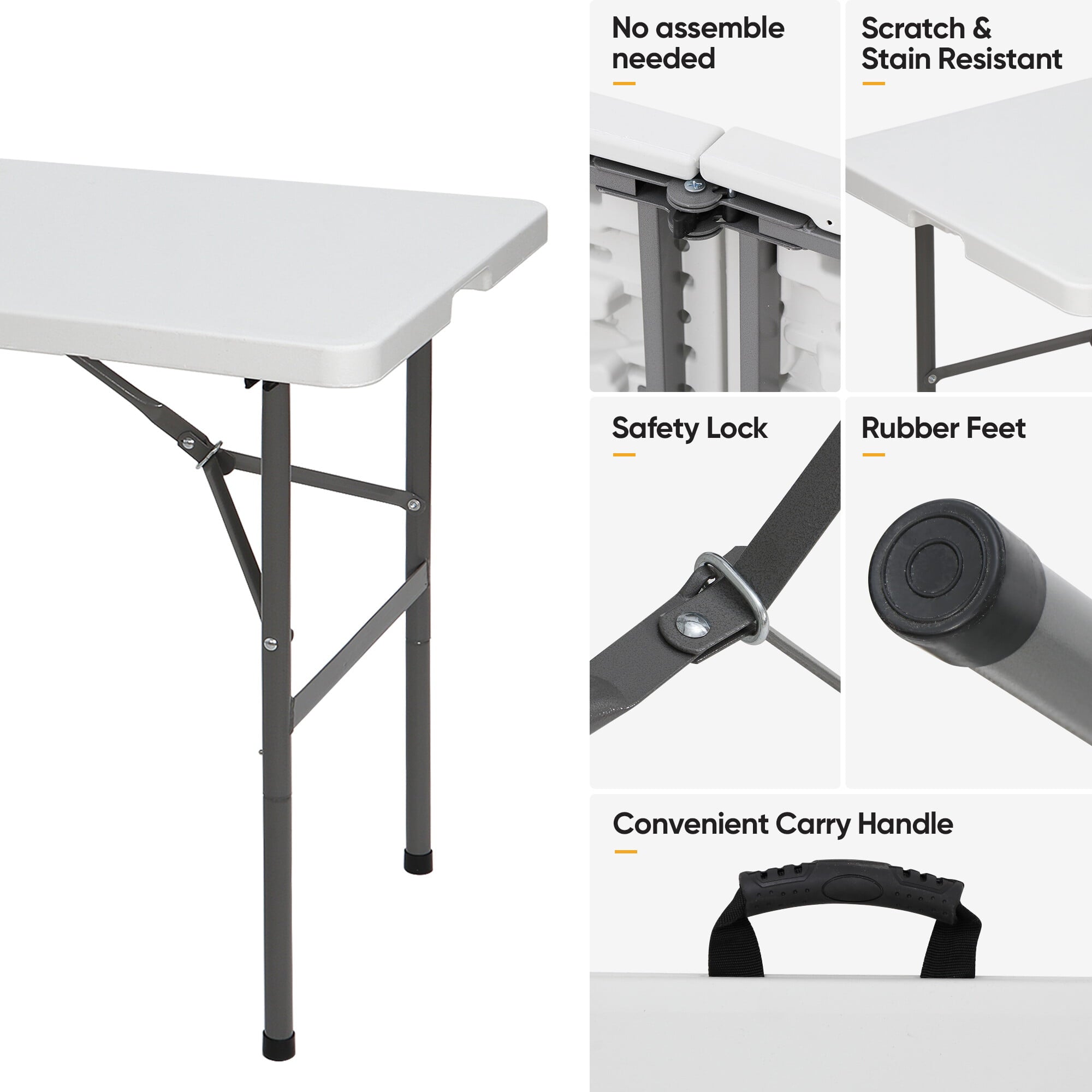 SuperDeal 4ft HDPE Folding Table Fold-in-Half Portable for Camping Picnic Dining W/Handle White