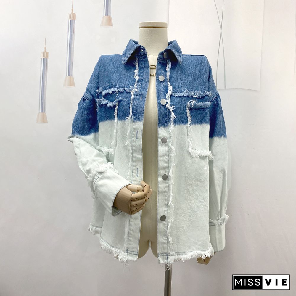 Gradient Color Pocket Tassel Open Button Denim Jackets